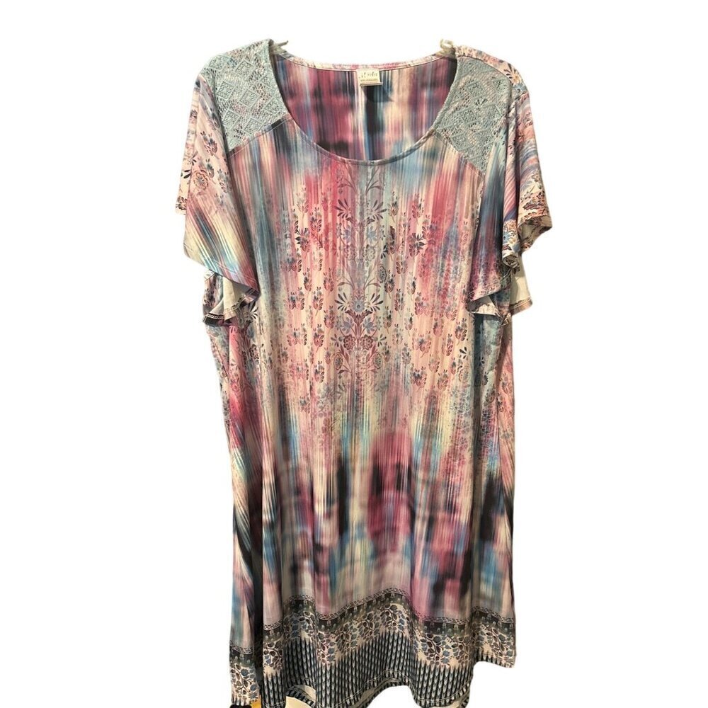 Womens Mada Purple Watercolor Dress Slinky Flutter Sleeve Size 2X 20 Knee Length